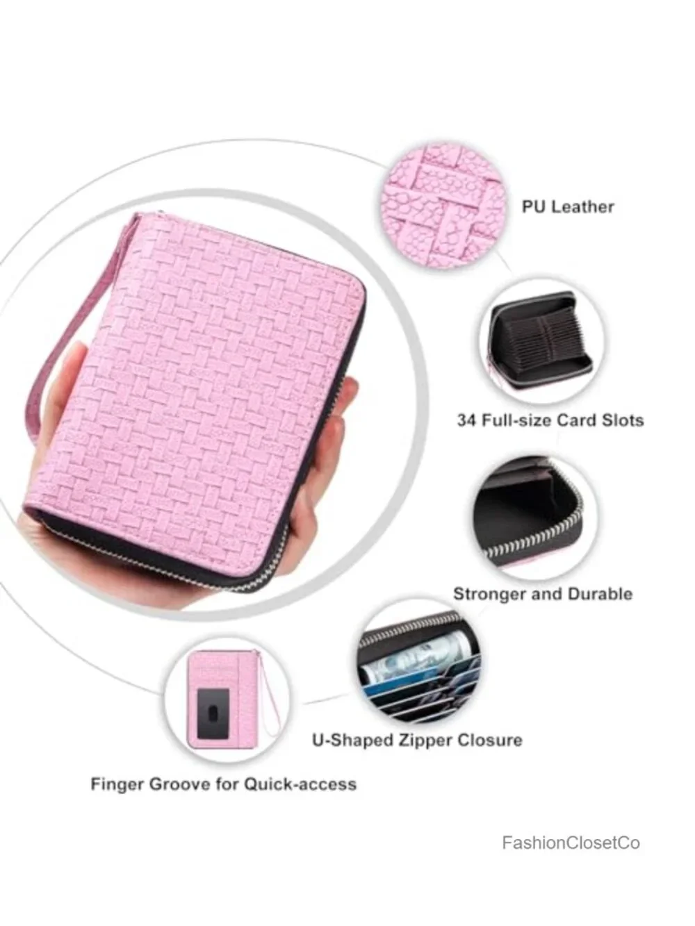 RFID Blocking Large Capacity Zipper Credit Card Wallet with Lanyard Faux Leather